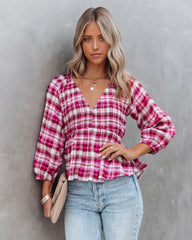 Lylah Cotton Crinkled Plaid Smocked Top Oshnow