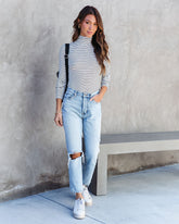 Lyonnette Stripe Turtleneck Bodysuit - Black/White Oshnow