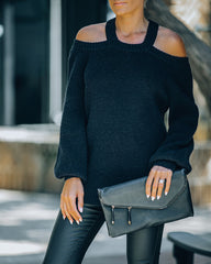 Malia Cold Shoulder Knit Sweater - Black Oshnow