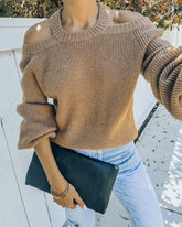 Malia Cold Shoulder Knit Sweater - Camel Oshnow