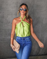 Marceline Satin Halter Bodysuit - Green Oshnow