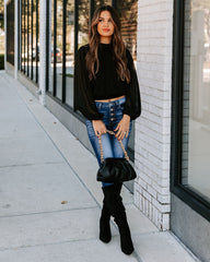 Marquee Mock Neck Billowed Blouse - Black Oshnow