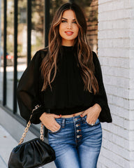 Marquee Mock Neck Billowed Blouse - Black Oshnow