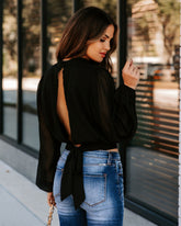 Marquee Mock Neck Billowed Blouse - Black Oshnow