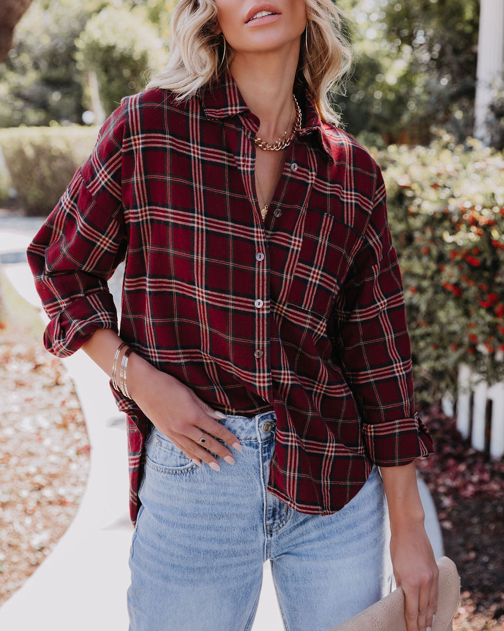 Marshall Cotton Plaid Button Down Top Oshnow
