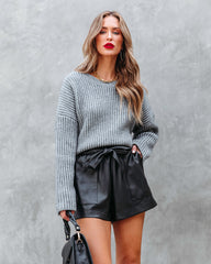 Matte Finish Pocketed Faux Leather Tie Shorts - Black Oshnow