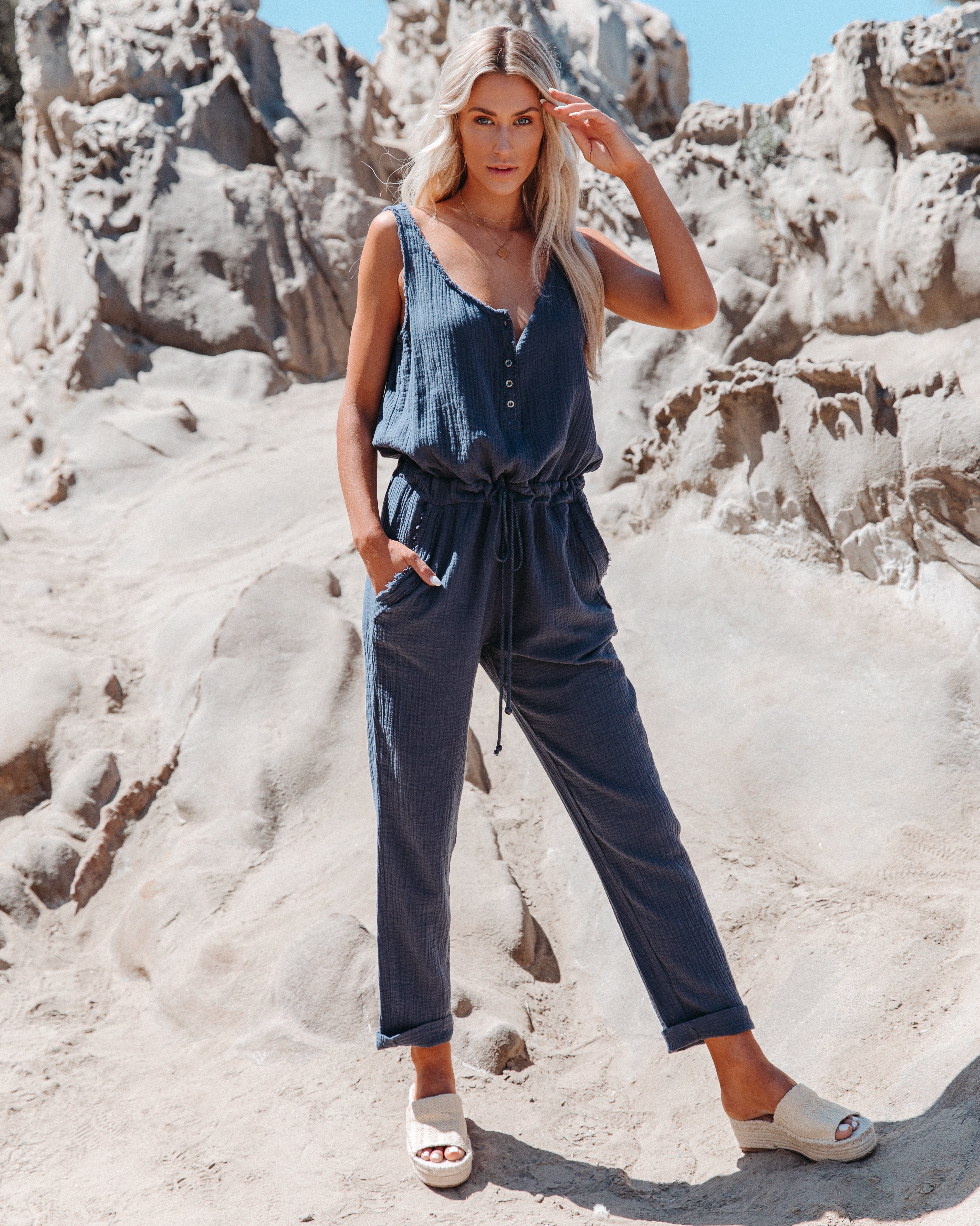 Maye Cotton Pocketed Drawstring Jumpsuit - Denim Oshnow