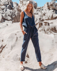 Maye Cotton Pocketed Drawstring Jumpsuit - Denim Oshnow