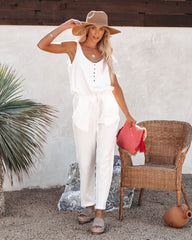 Maye Cotton Pocketed Drawstring Jumpsuit - White Oshnow