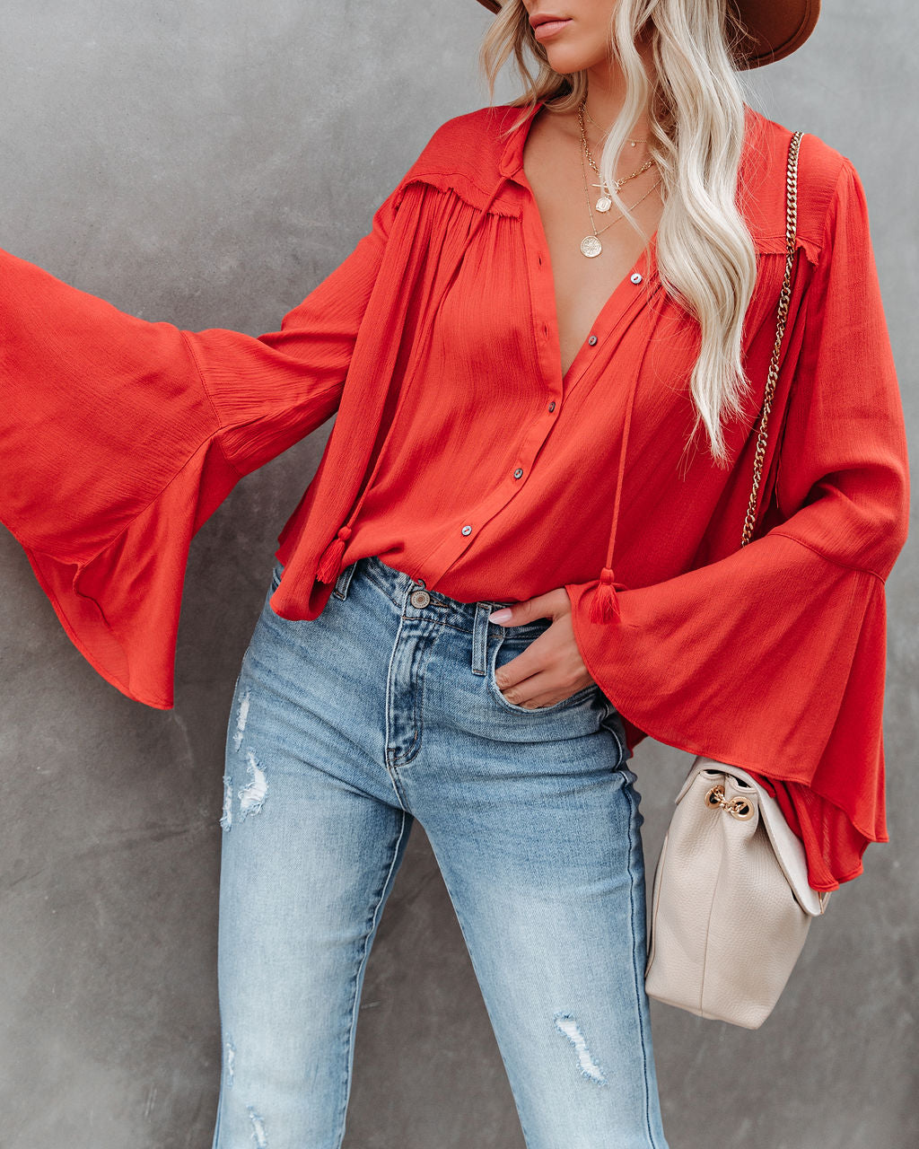 Mayson Button Down Bell Sleeve Top Oshnow
