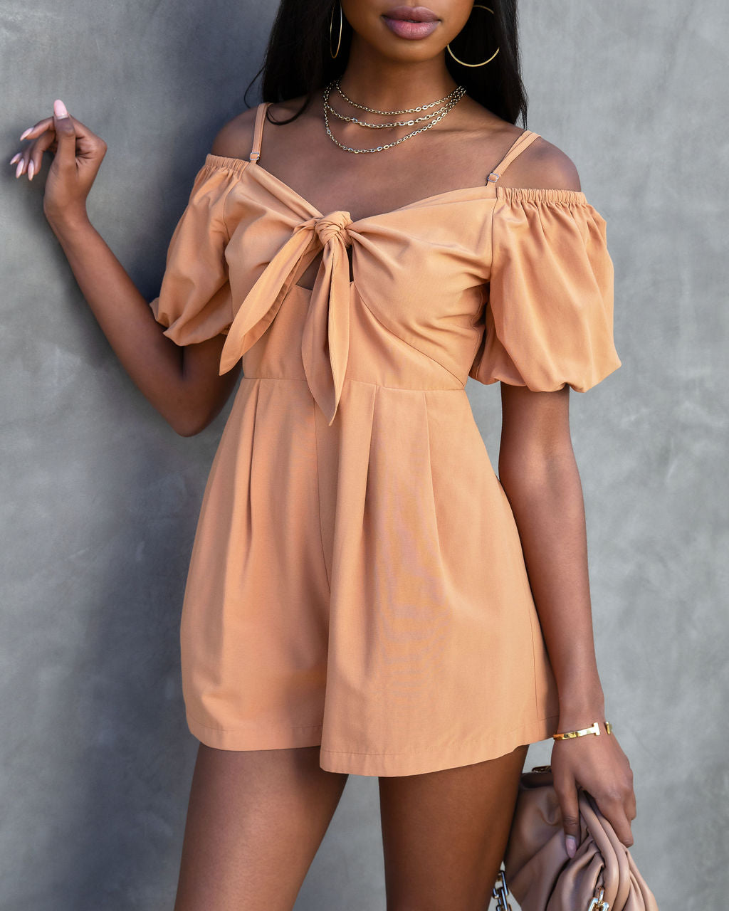 Mercedes Off The Shoulder Pocketed Romper - Dusty Orange Oshnow