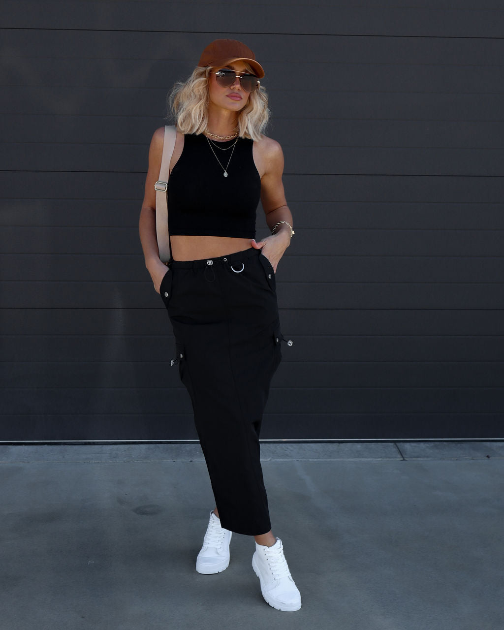 Millennium Dreams Nylon Cargo Maxi Skirt - Black Oshnow