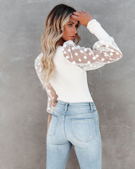 Mina Contrast Polka Dot Sleeve Knit Top - Ivory Oshnow