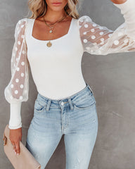 Mina Contrast Polka Dot Sleeve Knit Top - Ivory Oshnow