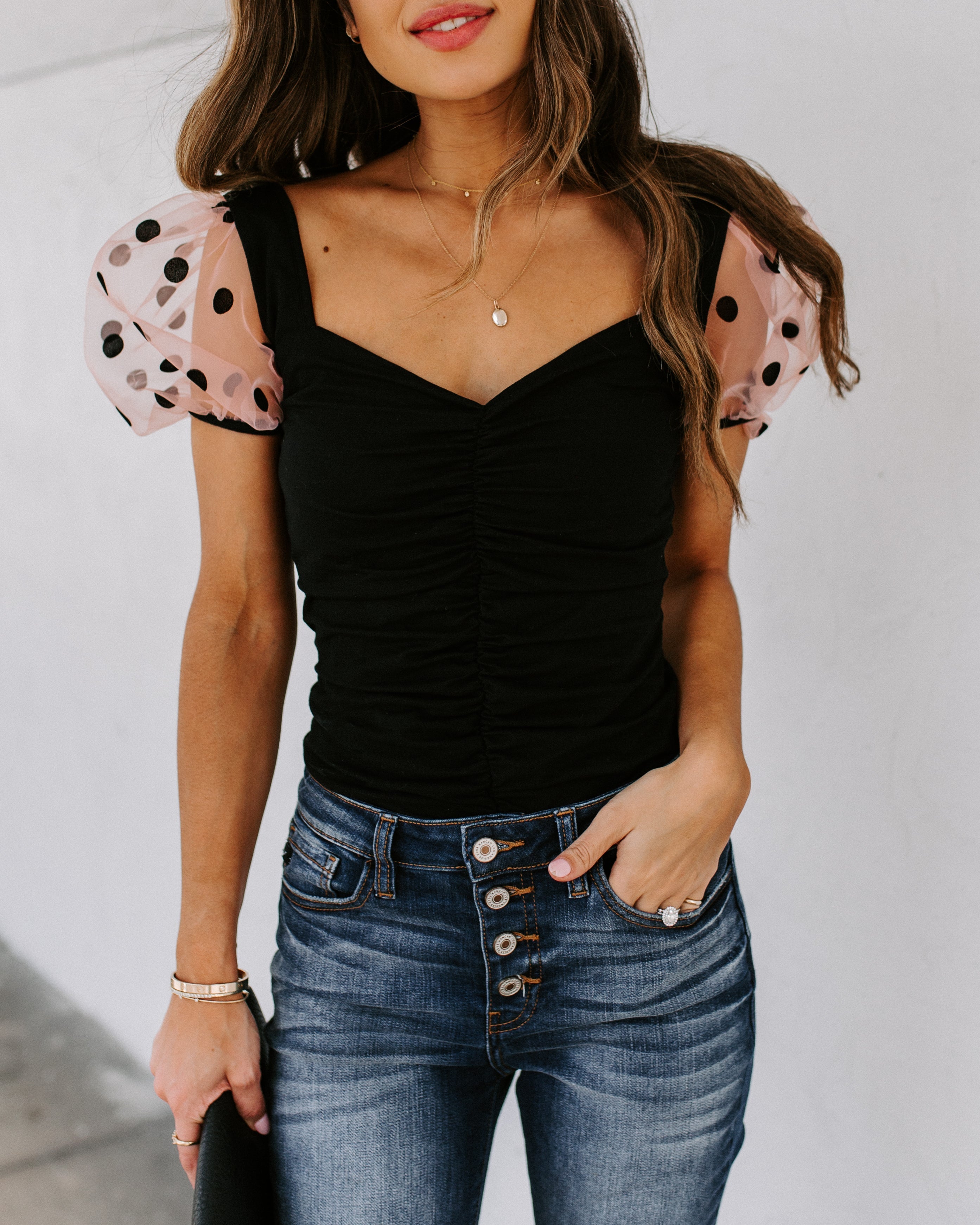 Minnie Ruched Puff Sleeve Bodysuit - SALE Oshnow