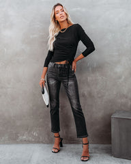 Mira Asymmetrical Ruched Long Sleeve Knit Top - Black Oshnow