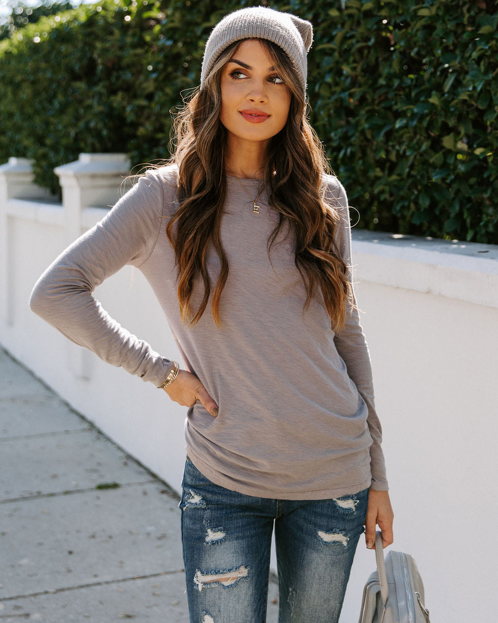 Miranda Long Sleeve Top - Light Grey Oshnow