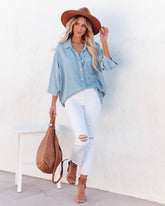 Mirielle Cotton Blend Chambray Button Down Top - Light Wash Oshnow