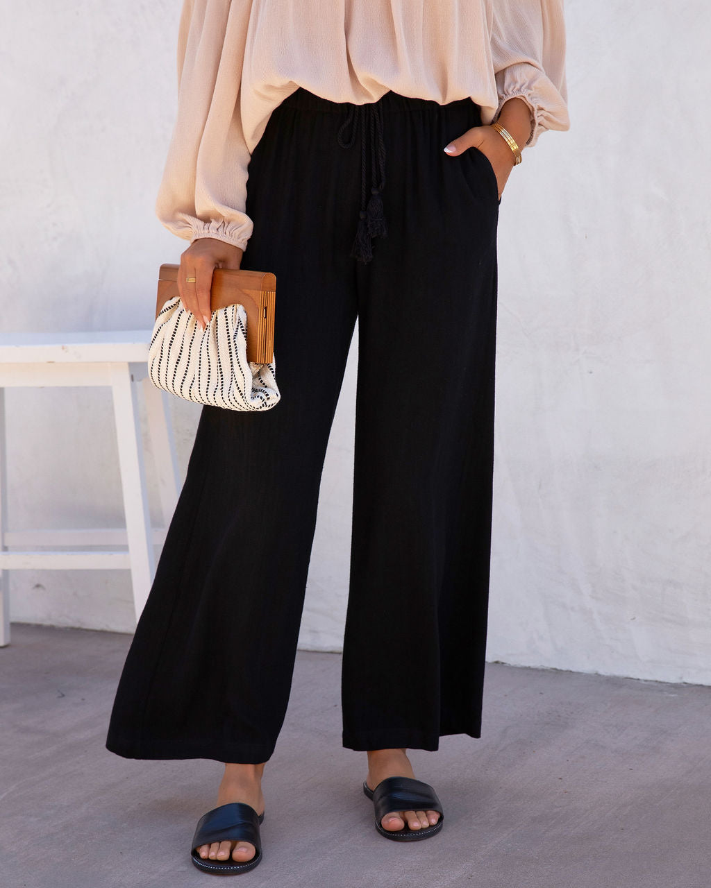 Moonlight Soul Pocketed Wide Leg Pants - Black - SALE Oshnow
