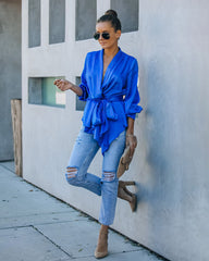 Motivation Satin Drape Wrap Blouse - Cobalt Blue Oshnow