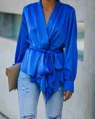 Motivation Satin Drape Wrap Blouse - Cobalt Blue Oshnow