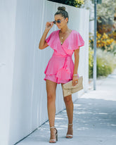 Movement Cotton Blend Ruffle Wrap Romper - Pink Oshnow