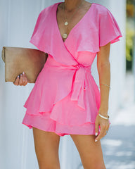 Movement Cotton Blend Ruffle Wrap Romper - Pink Oshnow