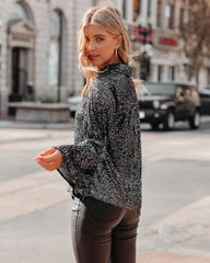 NYX Sequin Button Down Bell Sleeve Blouse - Black Oshnow