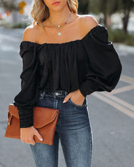 Negin Satin Billowed Crop Blouse - Black Oshnow