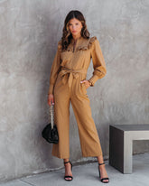 Nellie Pocketed Ruffle Jumpsuit - Camel Oshnow
