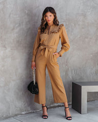 Nellie Pocketed Ruffle Jumpsuit - Camel Oshnow