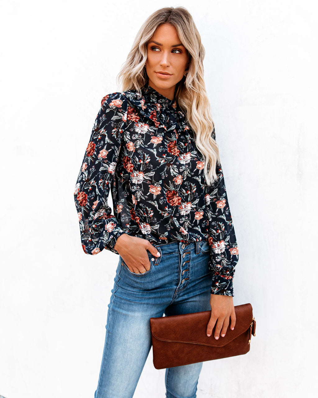 Never Say Never Floral Mock Neck Ruffle Blouse Oshnow