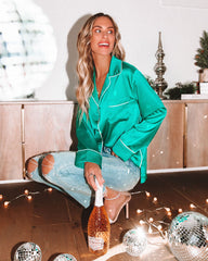 Nicolita Satin Button Down Blouse - Teal Oshnow