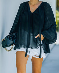 Nightfall Pleated Balloon Sleeve Blouse - Black Oshnow