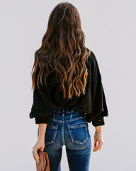 No Effort Puff Sleeve Button Down Blouse - Black Oshnow