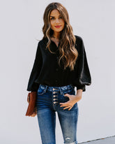 No Effort Puff Sleeve Button Down Blouse - Black Oshnow
