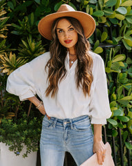 No Effort Puff Sleeve Button Down Blouse - White Oshnow