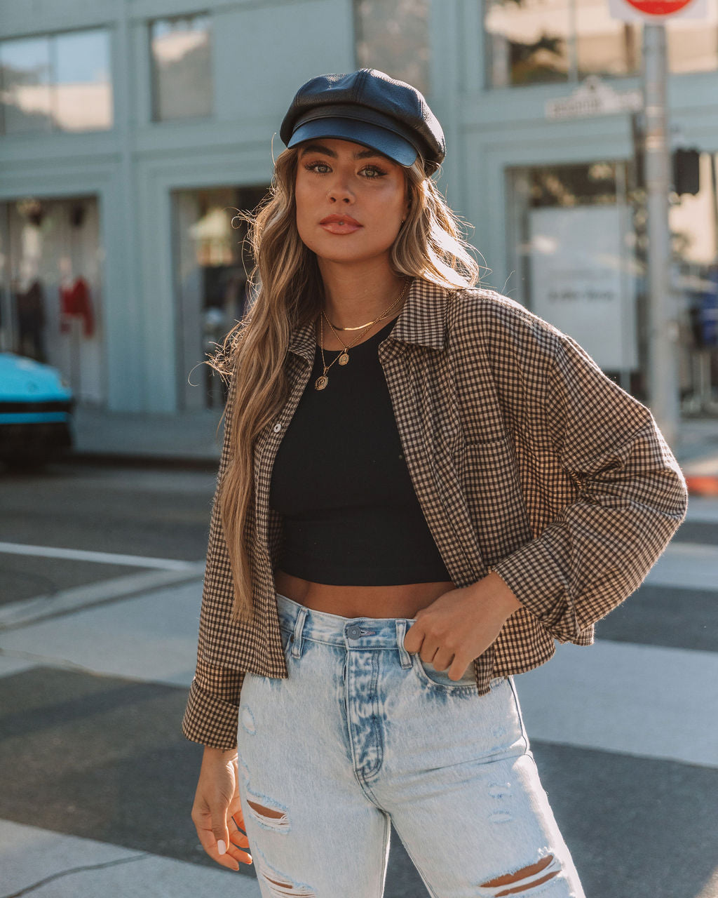 Noella Cotton Checkered Button Down Crop Top Oshnow