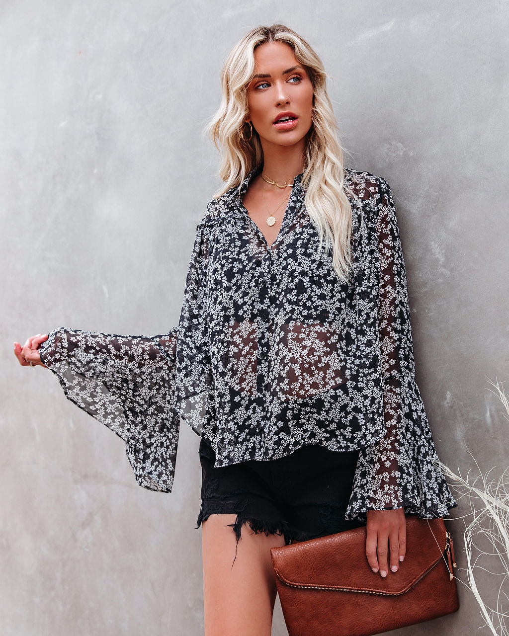 Nova Printed Bell Sleeve Blouse Oshnow