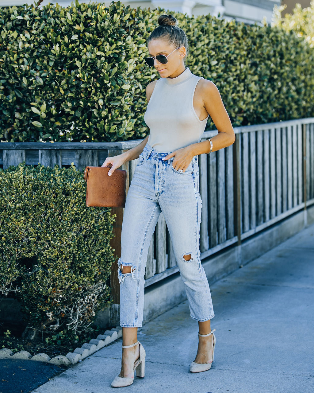 Nyra Sleeveless Mock Neck Knit Top - Beige Oshnow