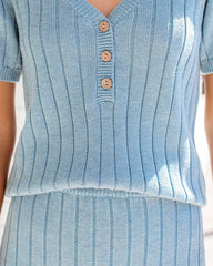 Oceanside Short Sleeve Ribbed Knit Henley Top - Blue Oshnow