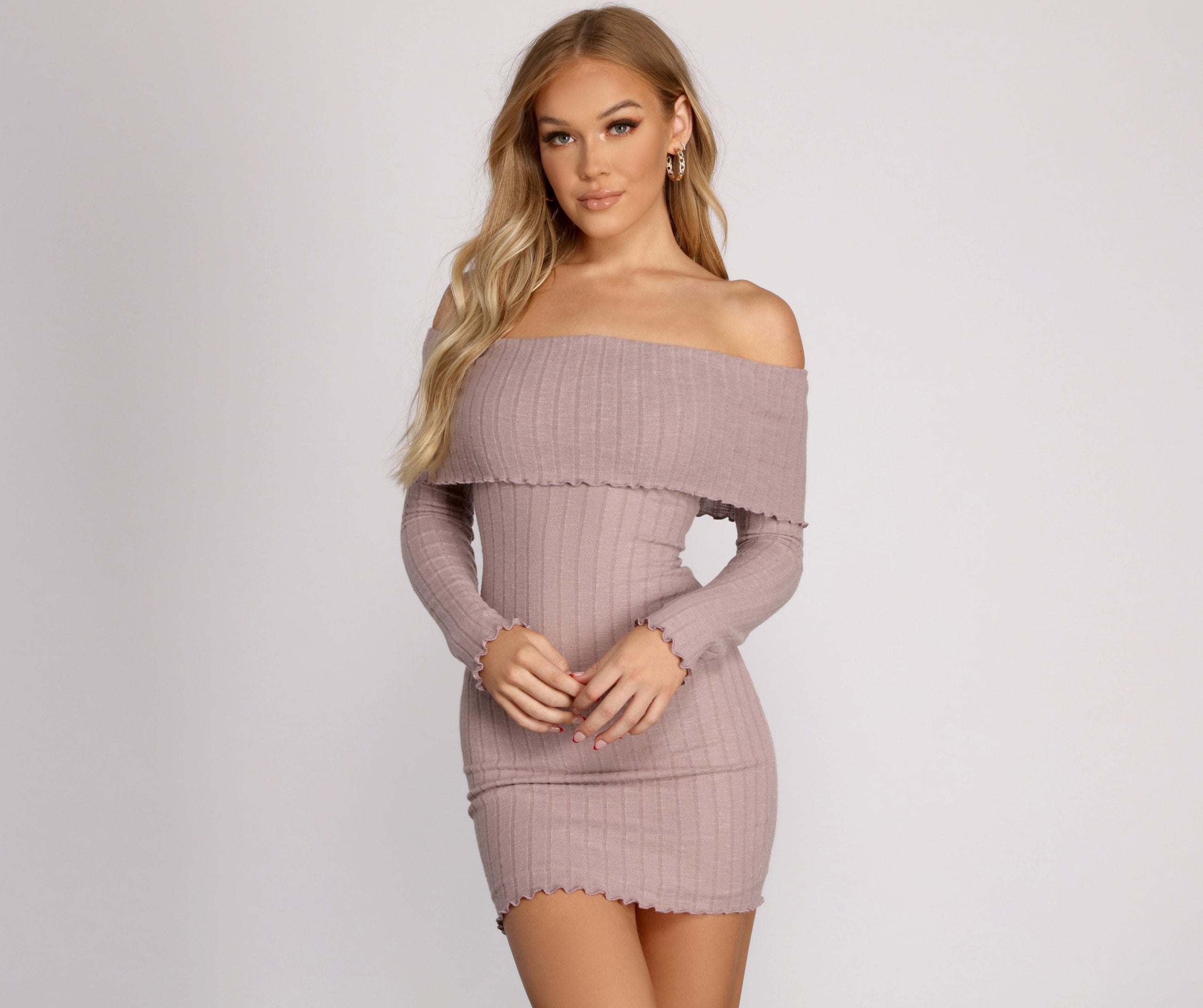 Off The Shoulder Brushed Knit Mini Dress Oshnow