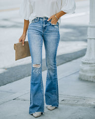 Offset High Rise Distressed Flare Denim Oshnow