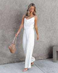 Olivia Pocketed Satin Wide Leg Pants - White Oshnow