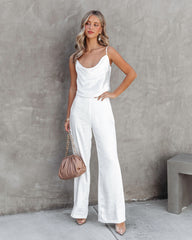 Olivia Pocketed Satin Wide Leg Pants - White Oshnow