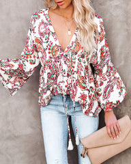 On Repeat Printed Button Down Babydoll Top Oshnow
