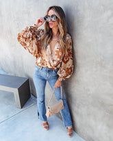 One Groovy Fall Floral Balloon Sleeve Bodysuit Oshnow