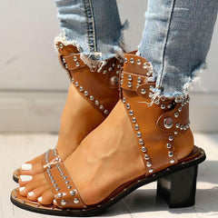 Open Toe Rivet Chunky Heeled Sandals For Women Oshnow