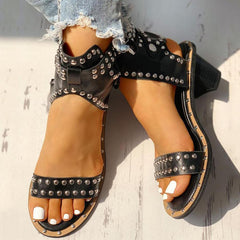 Open Toe Rivet Chunky Heeled Sandals For Women Oshnow