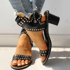 Open Toe Rivet Chunky Heeled Sandals For Women Oshnow